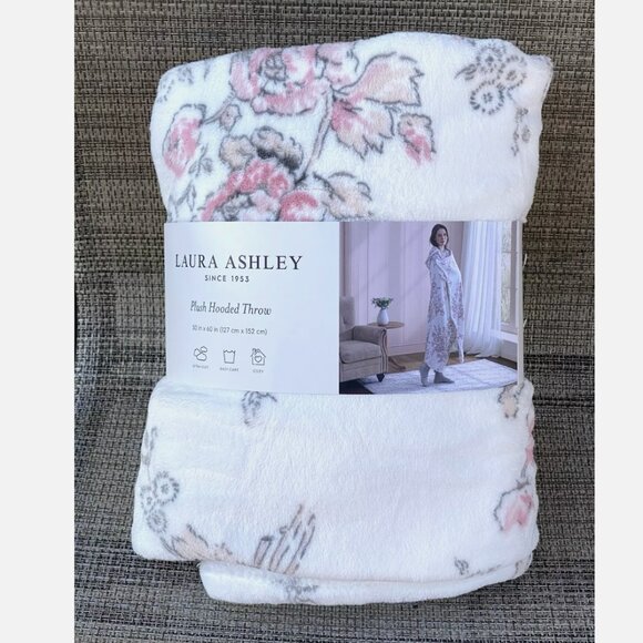 LAURA ASHLEY Pink Flowers Polyester Soft Plush Hooded Throw Blanket 50" x 60" - Picture 1 of 13